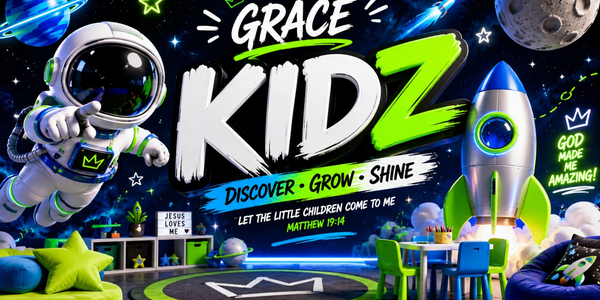 Colorful kids' space-themed room with astronaut, rocket, and inspirational Bible verse.