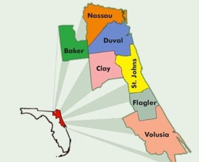 Map highlighting counties in northeast Florida.