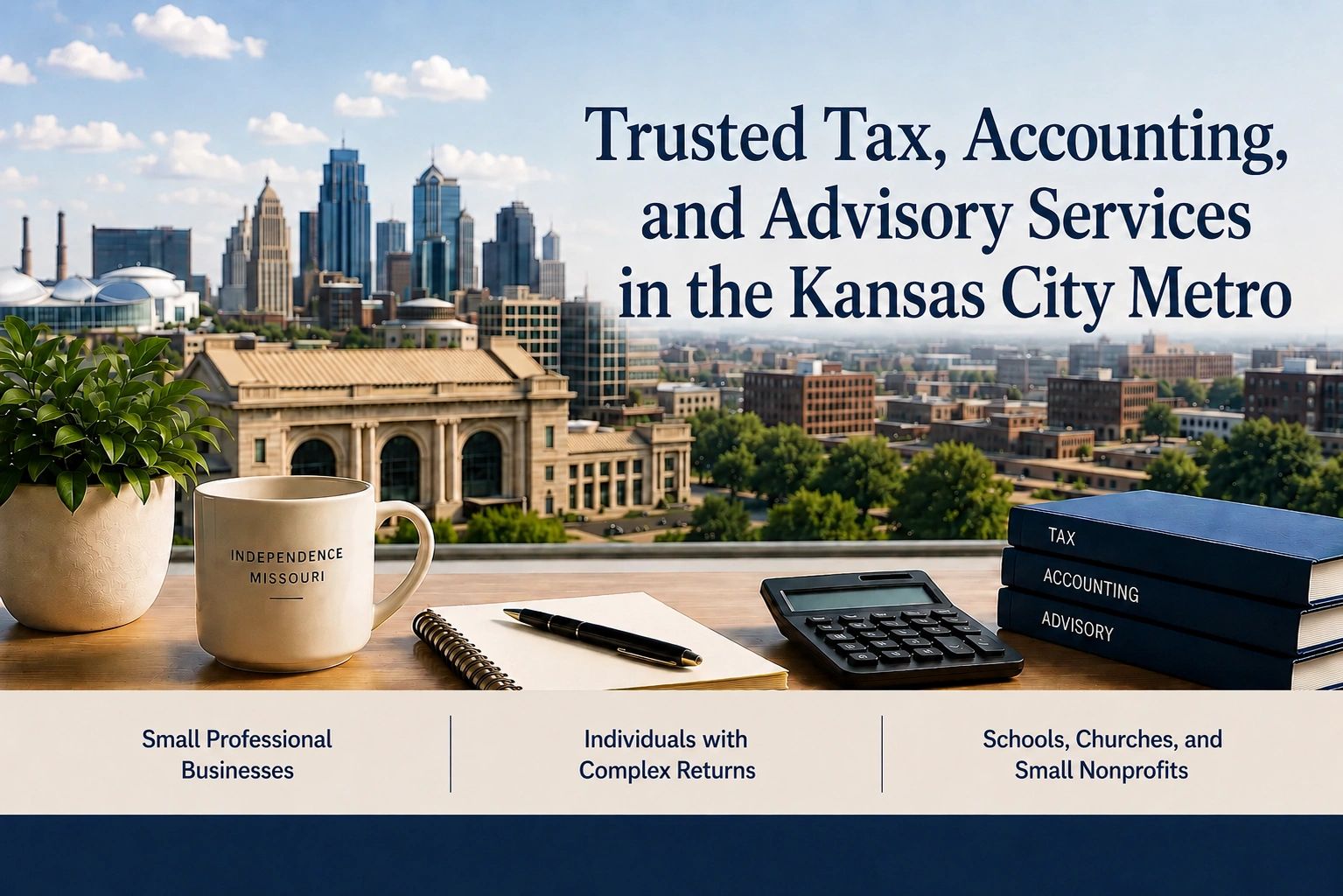 Kansas City skyline with text "Trusted Tax Accounting and Advisory Services in the KC Metro"