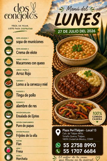 Menú del lunes 27 de julio de 2026 con platos caseros variados.