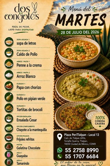 Menú del martes 28 de julio de 2026 de Dos Conejotes con platos caseros.