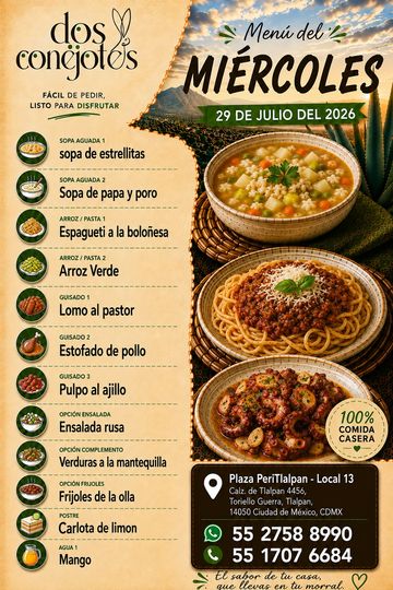 Menú del miércoles 29 de julio de 2026 en Dos Conejotes con varias opciones de sopa, arroz, guisado, ensalada y postre.
