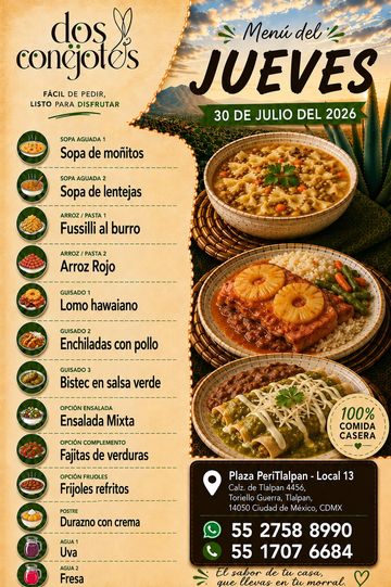 Menú del jueves 30 de julio de 2026 de Dos Conejotes con comida casera.