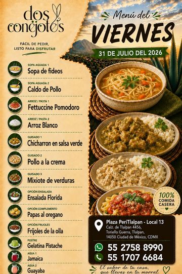 Menú del viernes 31 de julio de 2026 en Dos Conejotes.