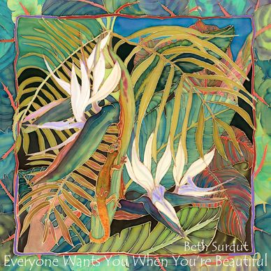 A hand reaches for a Gold Dust Gecko painted amidst white bird of paradise blossoms and tropical fol