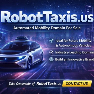 Advertisement for RobotTaxis.us domain sale focused on autonomous vehicle mobility.