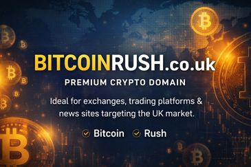 Promotional image for BitcoinRush.co.uk, a premium crypto domain for UK market.