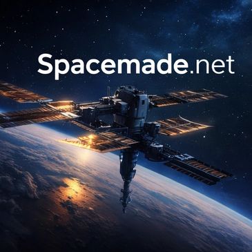 A satellite orbiting Earth with Spacemade.net text overlay.