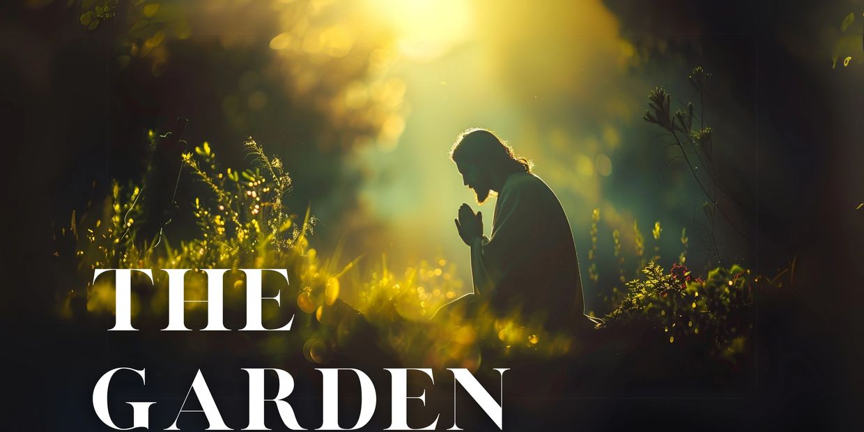 Person praying in a sunlit garden surrounded by greenery.