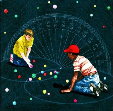two boys playing marbles with a protractor framing them. 