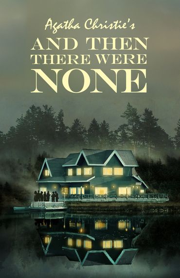 Mysterious house by the lake at night with silhouettes of people on the dock.
