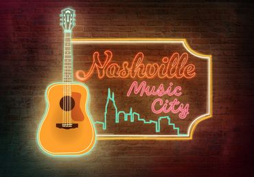 Neon sign with a guitar and Nashville skyline saying 'Nashville Music City'.