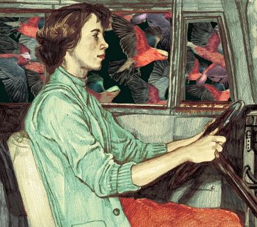A woman driving while a flock of parrots fly outside the car. 