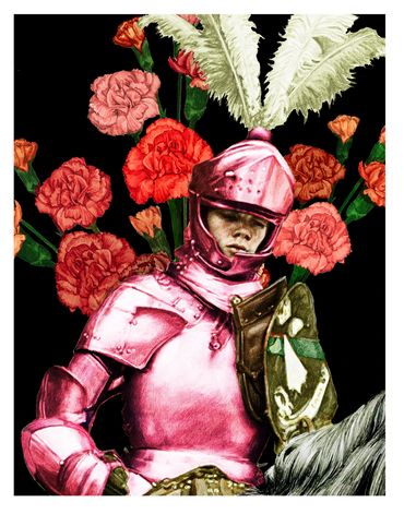 A knight in pink armor surrounded by pink carnations. 