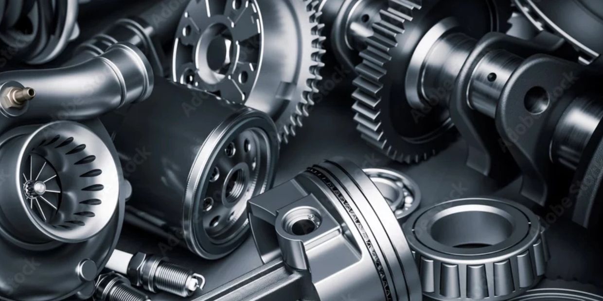 Collection of metallic machine parts and gears.