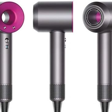 Four views of a modern hairdryer with a pink circular head and grey body.