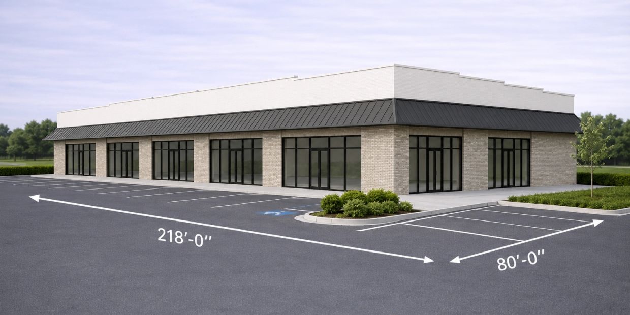 Empty retail building with dimensions marked in parking lot.