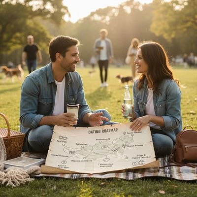 Couple happily planning their dating journey on a picnic in the park.