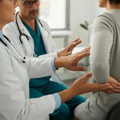 Doctors examining a patient's lower back pain during consultation.