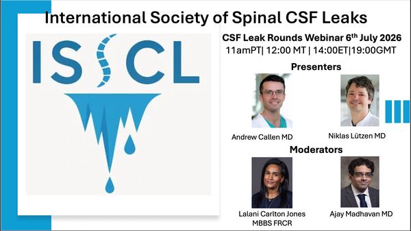 International Society of Spinal CSF Leaks webinar announcement with presenters and moderators.