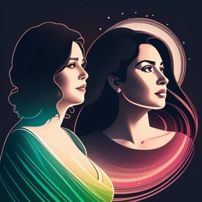 Artistic expression of two Hispanic woman looking out onto the night sky. 