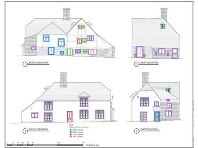 Architectural elevations of a building with windows and doors dated from 17th to 20th century.