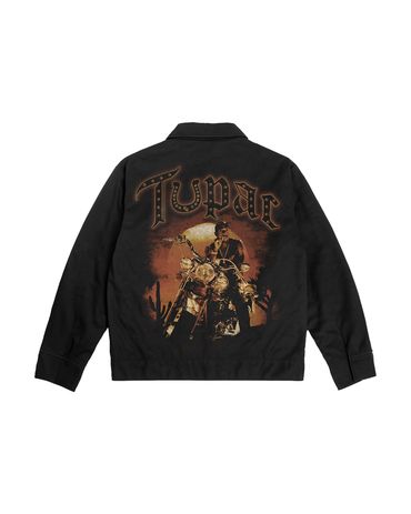 Black jacket with Tupac graphic on the back.