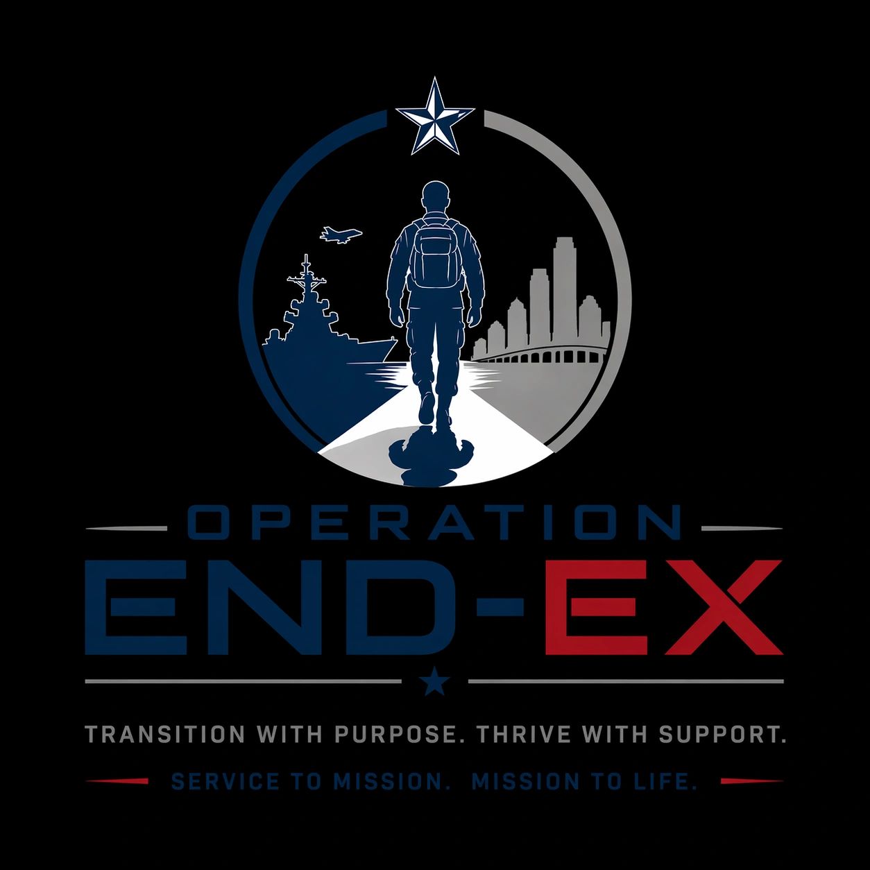 Logo for Operation End-Ex with a servicemember walking towards a city and ship.