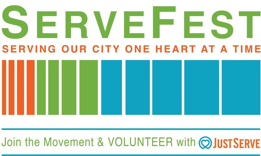 ServeFest promotes community service with the motto 'Serving Our City One Heart at a Time'.