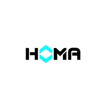 Logo with text 'HOMA' featuring a blue geometric shape.
