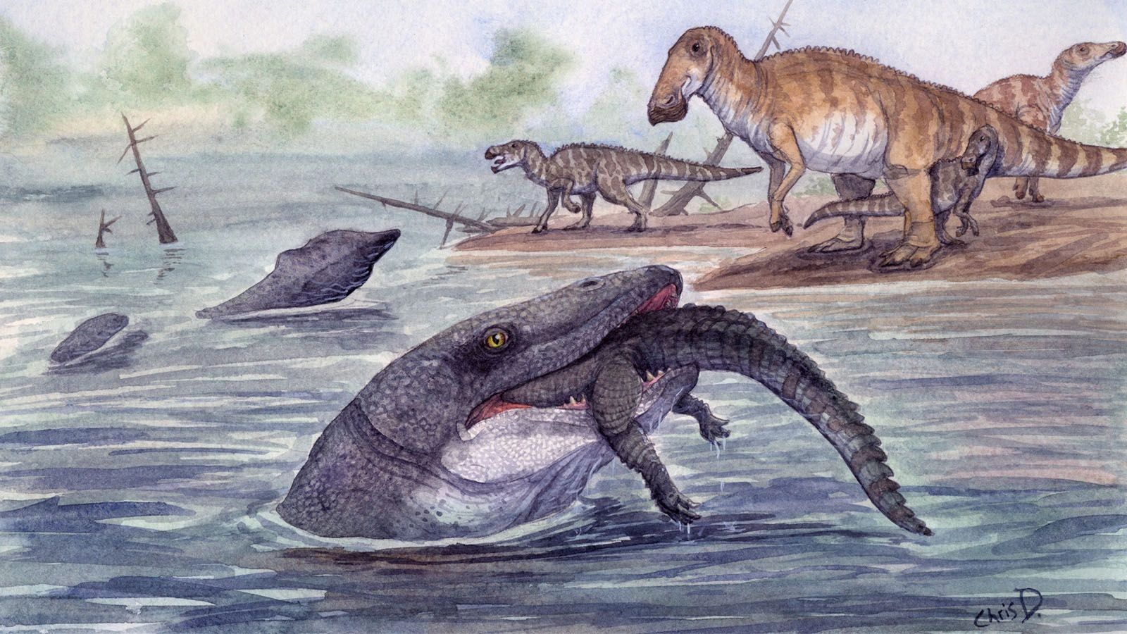 A prehistoric aquatic reptile catching a smaller dinosaur near a riverbank with dinosaurs watching.