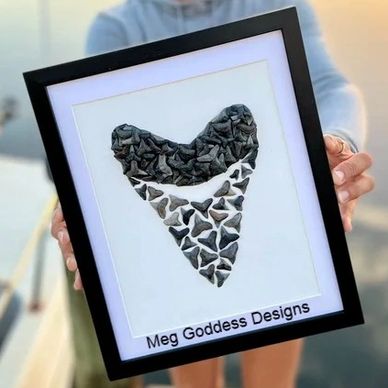 Woman holding framed art made of shark teeth shaped like a shark jaw.