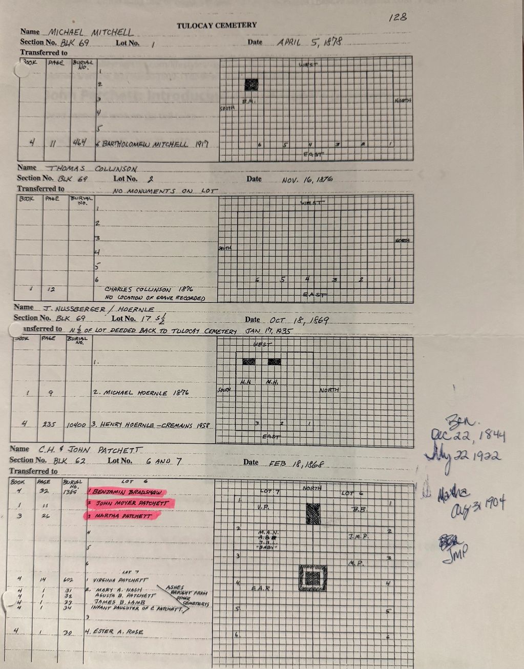 Historic cemetery record with burial plot maps and names from the 19th and early 20th centuries.