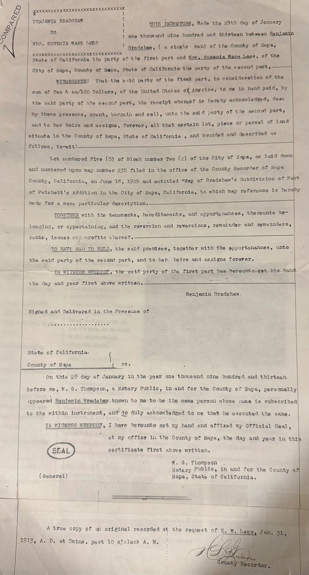 A 1913 legal indenture document for land sale in Napa, California.