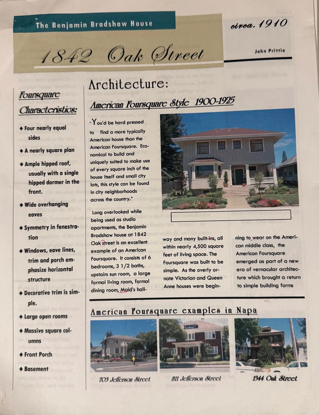 Informative page about the American Foursquare architectural style and examples in Napa.