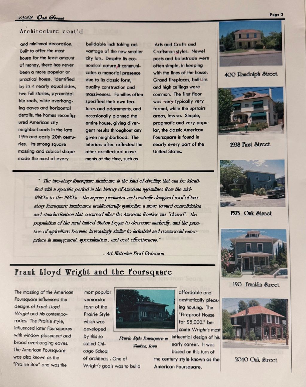 Page detailing American Foursquare architecture with photos and history.