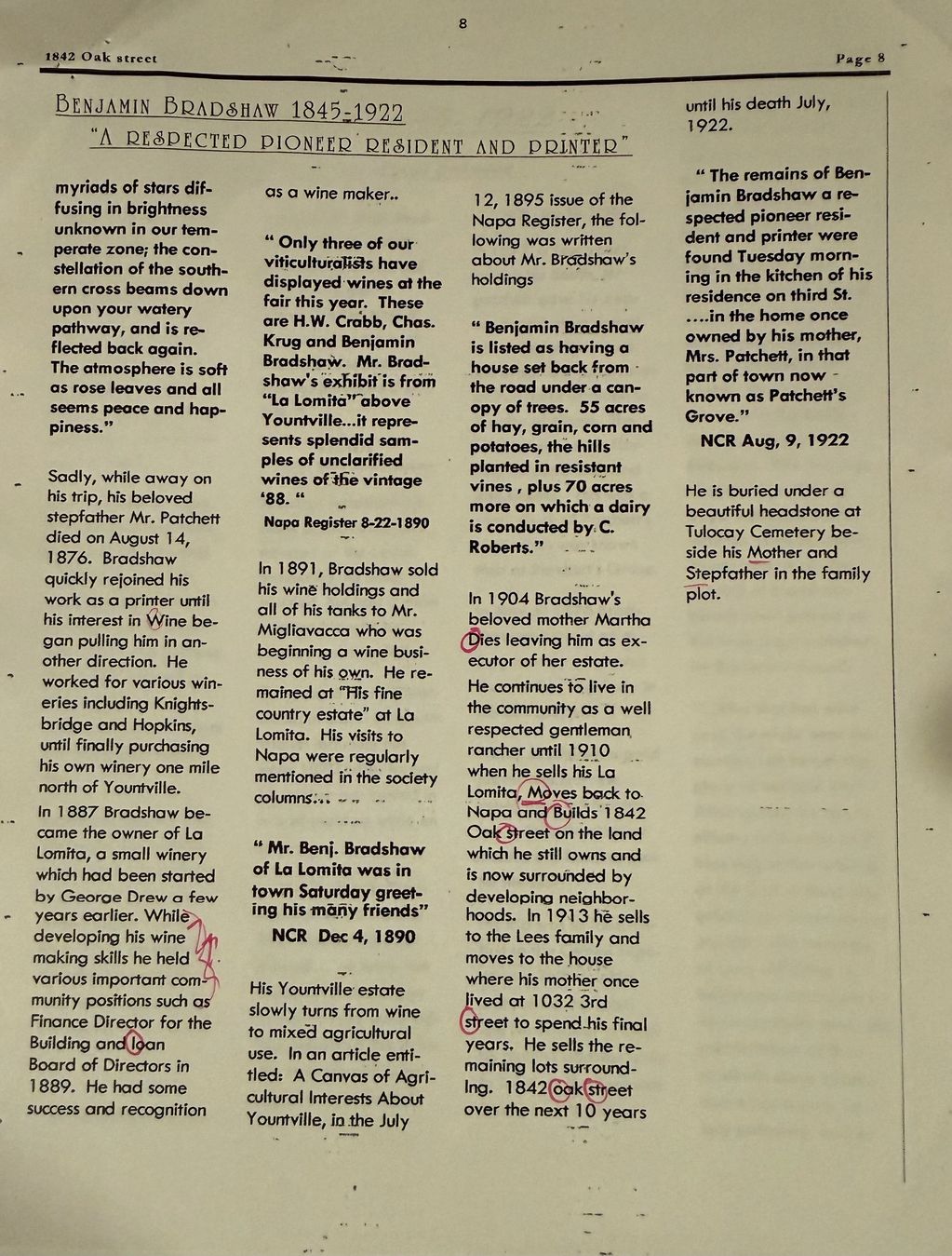 Historical page detailing Benjamin Bradshaw's life as a pioneer, printer, and winemaker in Yountville.