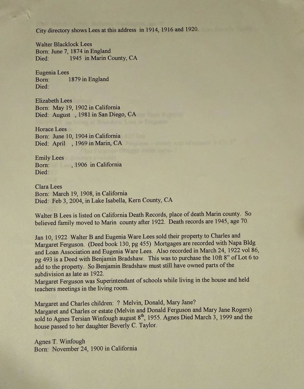 Genealogical details of the Lees family and property transactions from 1914 to 1955.