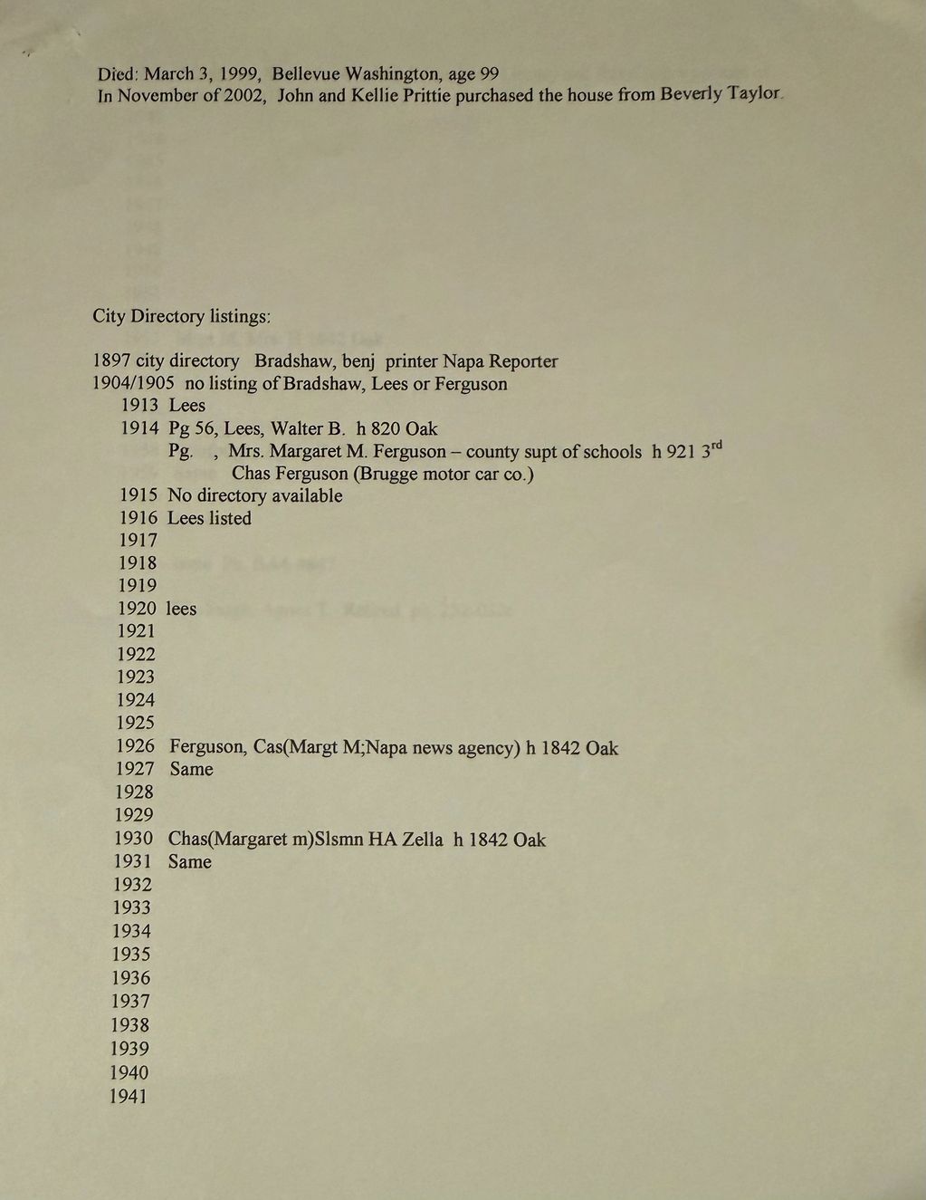 Historical city directory listings from 1897 to 1941 with family and occupation details.