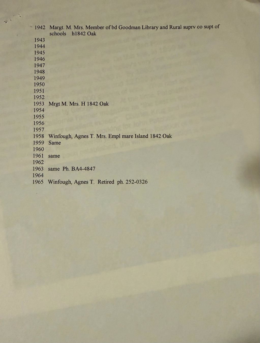 A typed historical record listing years and people associated with Goodman Library and Rural schools.