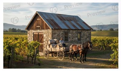 Horse-drawn wagon with barrels near a rustic stone barn in a vineyard.