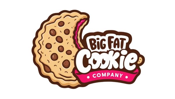 Big Fat Cookie Company Logo- A Large Cookie with a Bite Removed and the Text Big Fat Cookie Company