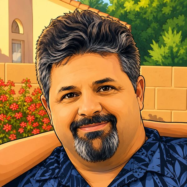 Portrait of a smiling man with salt-and-pepper hair and beard outdoors.