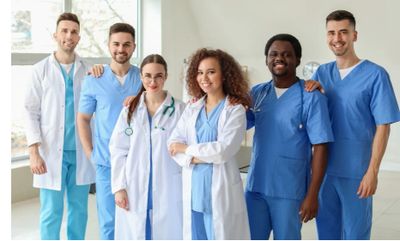 A diverse group of six smiling healthcare professionals in scrubs and lab coats.
