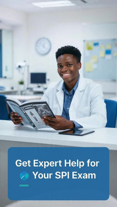 Smiling expert in a white coat offers help for SPI exam preparation.