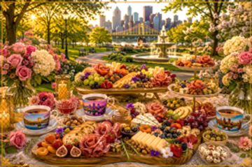 A lavish picnic spread with a city skyline backdrop in the sunset.