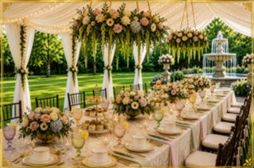 Elegant outdoor wedding reception table setup.