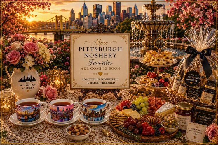Elegant spread with Pittsburgh skyline at sunset and announcement sign.