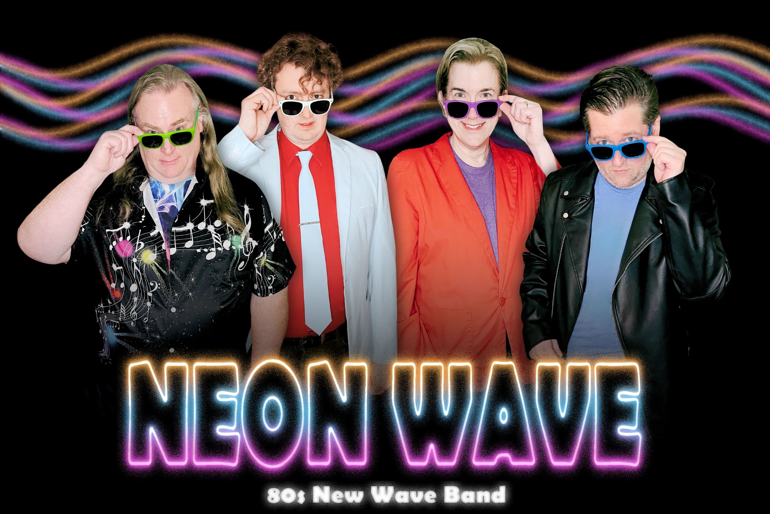 Four men in colorful 80s attire and sunglasses pose under neon text reading 'NEON WAVE'.