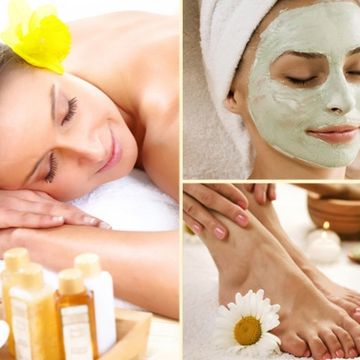 A photo collage of beauty and spa treatments